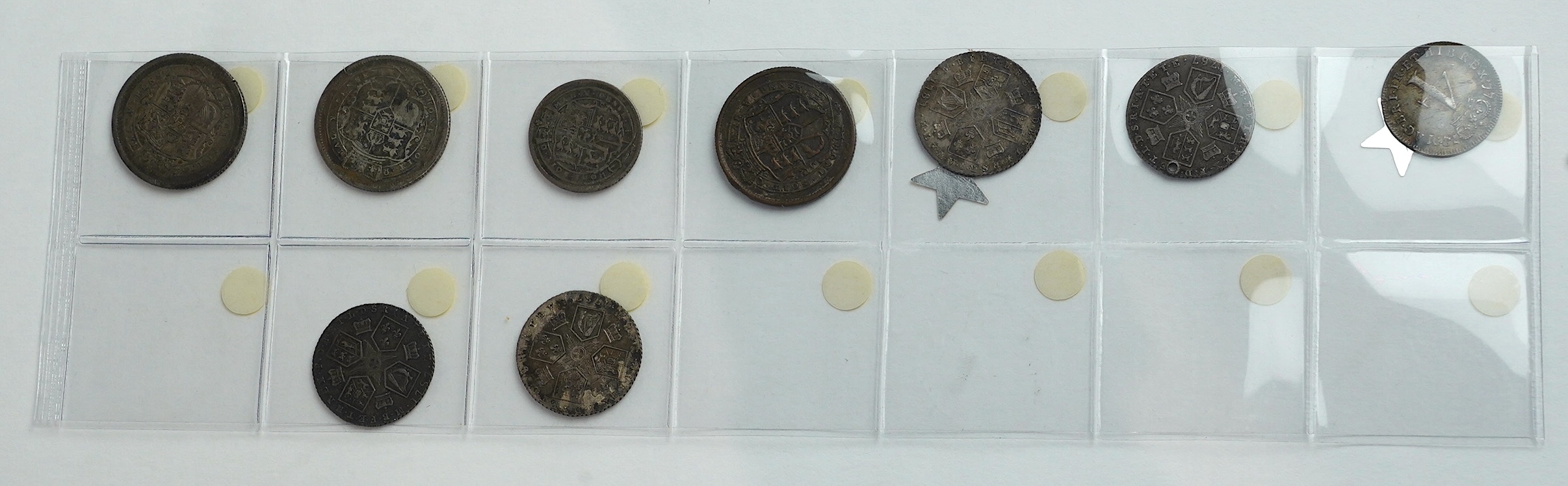 British silver coins, George III, three shilling coins, 1816, 1817, 1819, VG to VF, four 1787 sixpence coins, holed to UNC, 1818 threepence, VG and 1772 fourpence, good VF